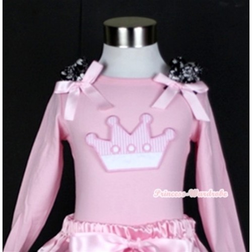 Light Pink Long Sleeves Top with Crown Print With Damask Ruffles & Light Pink Bow TW320 